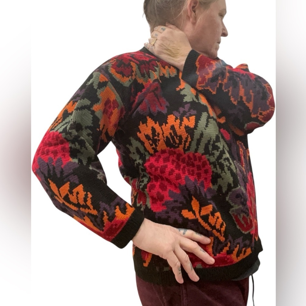 Arielle maximalist Art to wear bold floral knit vintage chunky Sweater-L - Picture 5 of 8